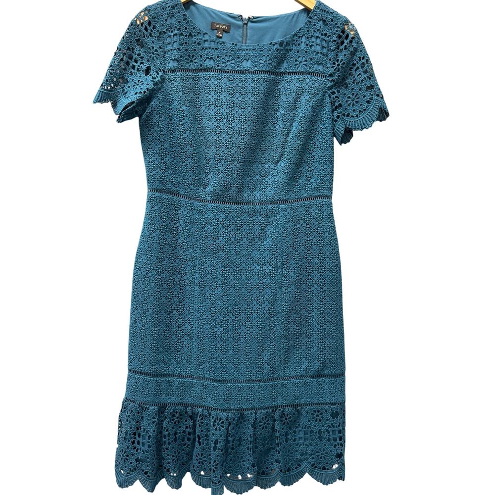 Talbots Dress Womens 6 Teal Blue Midi Shift Crochet Lace Back Zip Lined Coastal